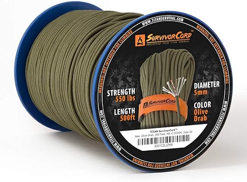 Miniatura 42 de Cordón supervivencia 550 Titan Paracord (3/diámetro de 16 pulgadas) con integrada línea de pesca militar, fuego, patentado y cable trampa.