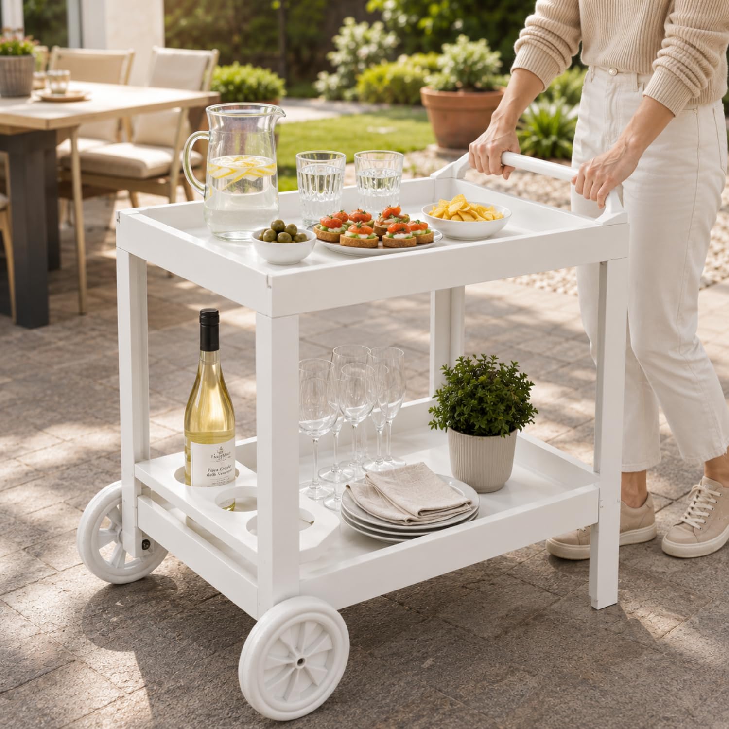 PALUPLUS Carrello Portavivande Esterno Bianco 53x74x73 cm 2 Ripiani Portabottiglie 5 Posti Made Italy