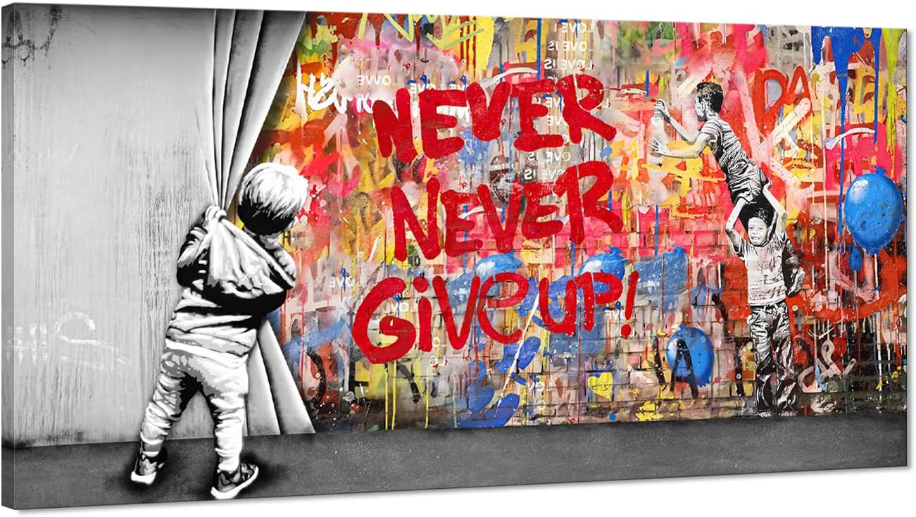 Banksy Graffiti Canvas Wall Art Modern Painting Inspirational Never Give Up Boy Behind The Curtain Prints for Living Room Home Office Decor, Framed 32" x 16"