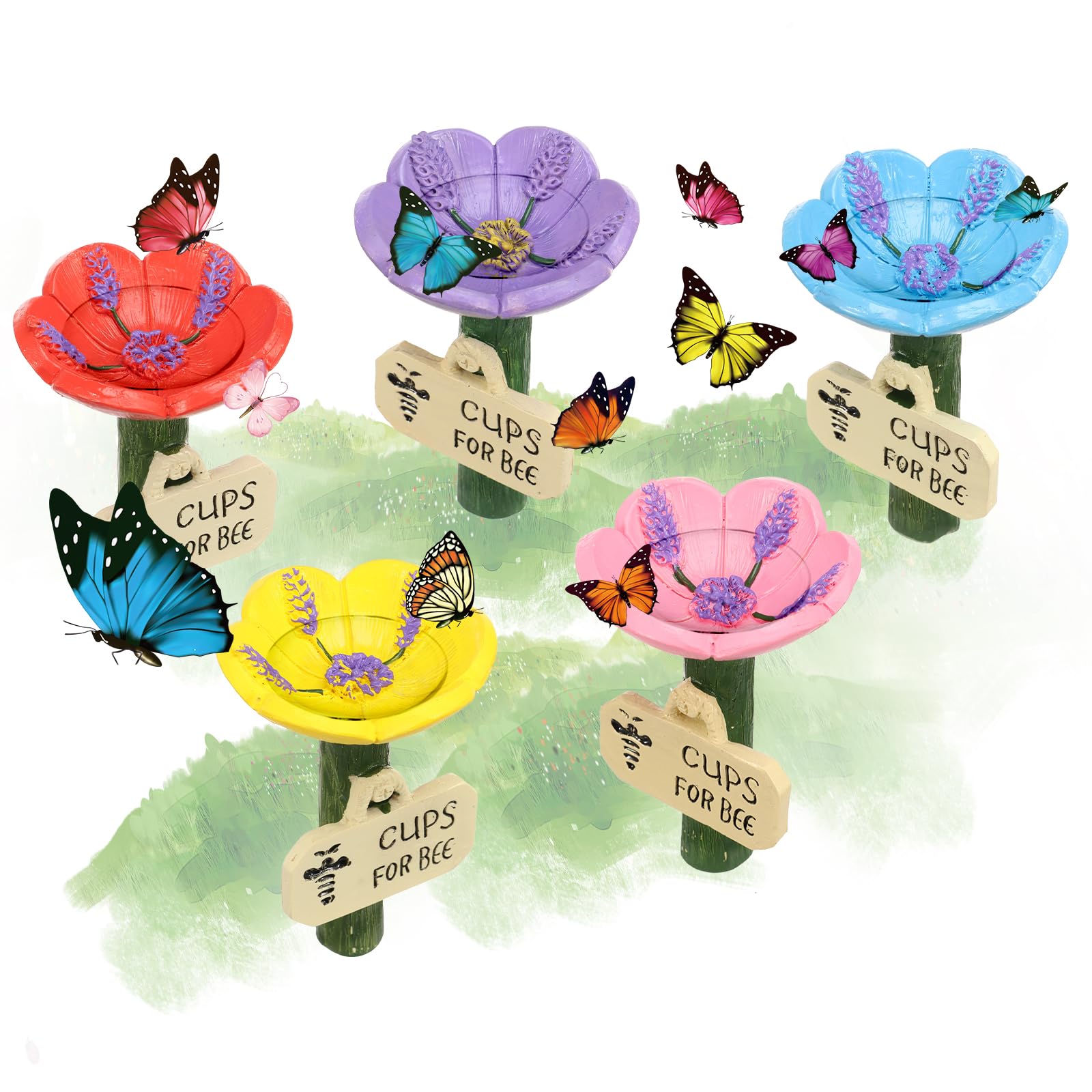 Kuanght 5 PCS Bee Watering Station, Resin Bee Feeder Cups Flower Shaped Insect Drinking Cups for Bees, Butterflies and Birds, Pollinators Feeder for Garden, Beehive, Grassland and Flowerpot