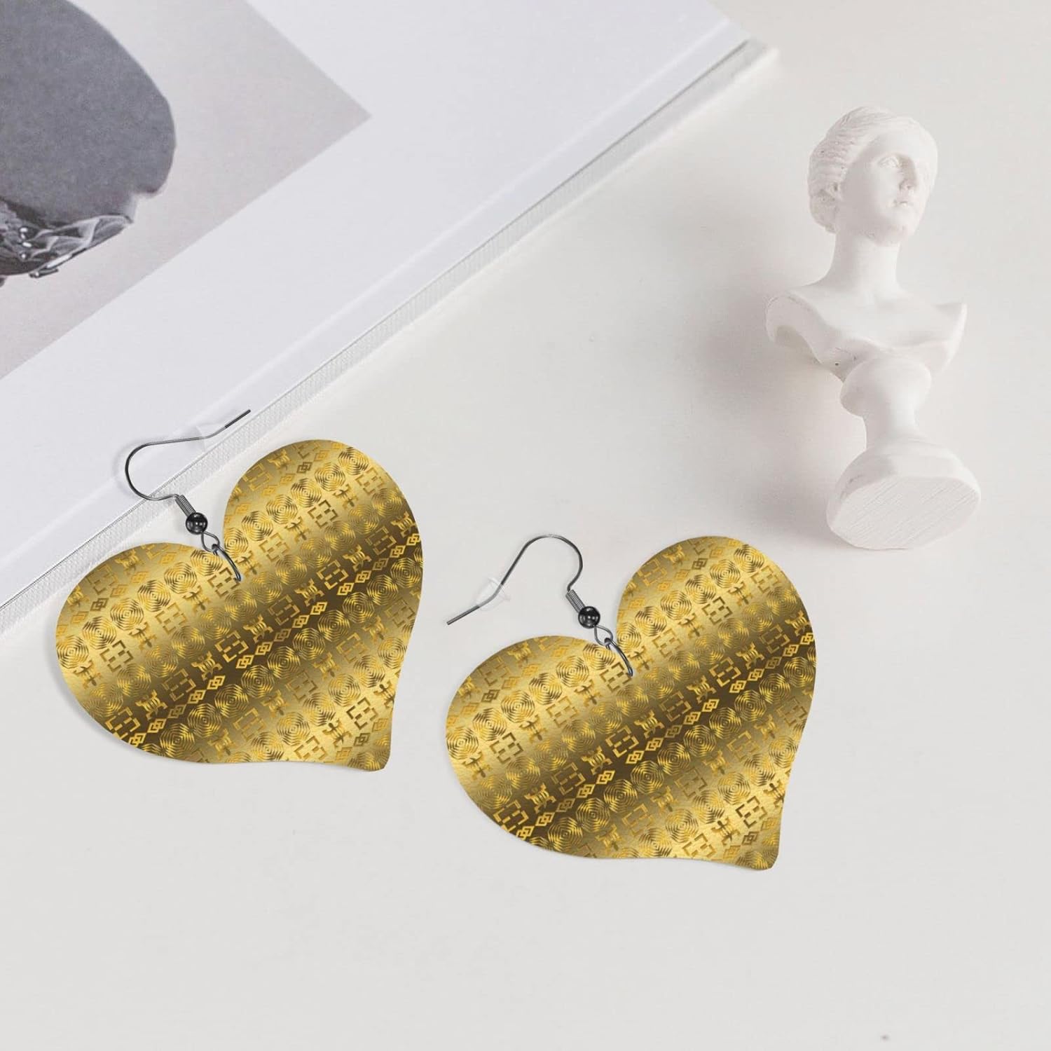 Miniatura 6 de DKJlitter Women's Heart Earrings, Ethnic African pattern with Adinkra simbols Faux Leather Earrings, Lightweight Dangle Earrings