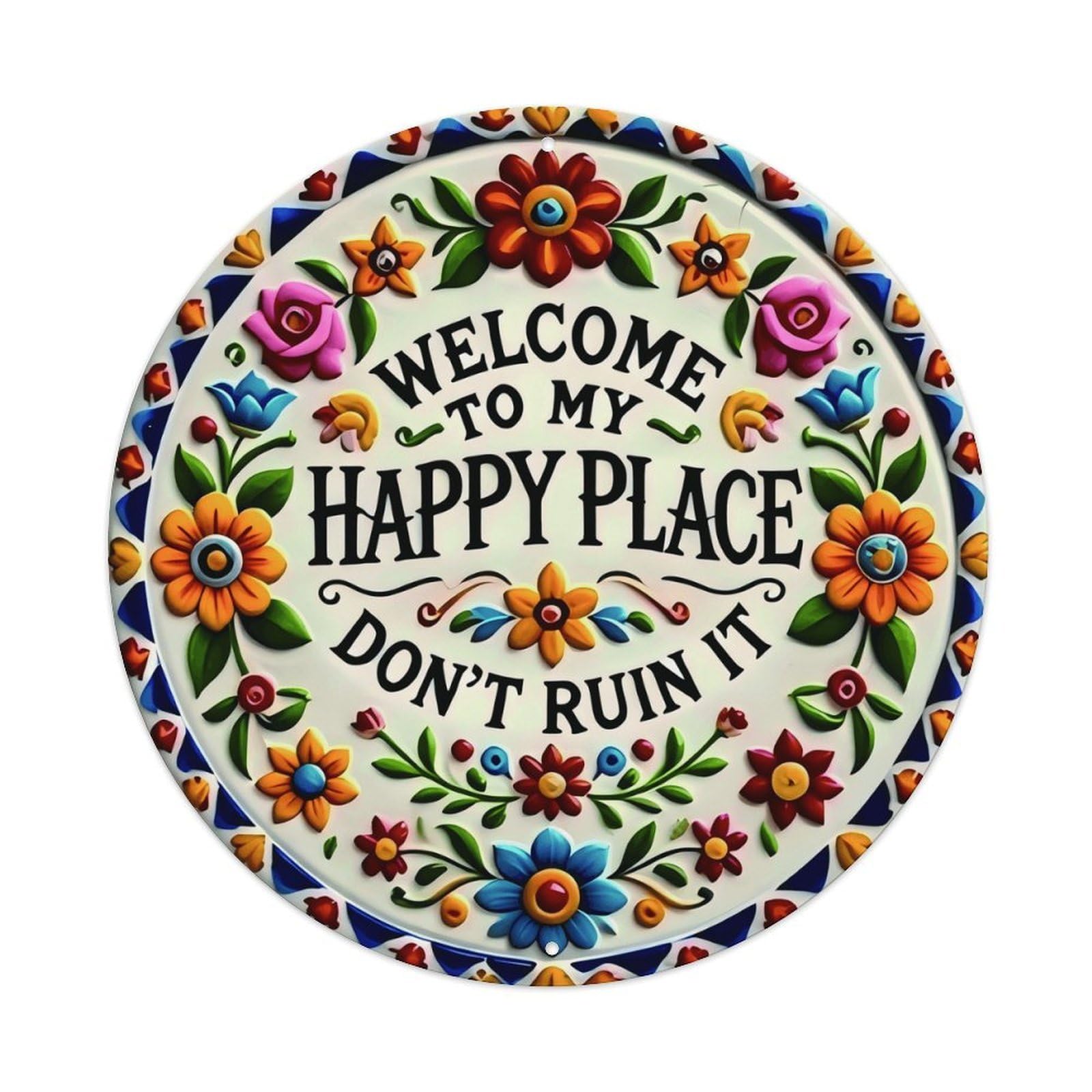 Ldfuieksufg Style Round Colorful Folk Floral Text Decor Wall Plaque Welcome To My Happy Place Vintage Aluminium Metal Sign, Retro Wall Decor For Home, Bar, Garage & Farmhouse 20X20cm