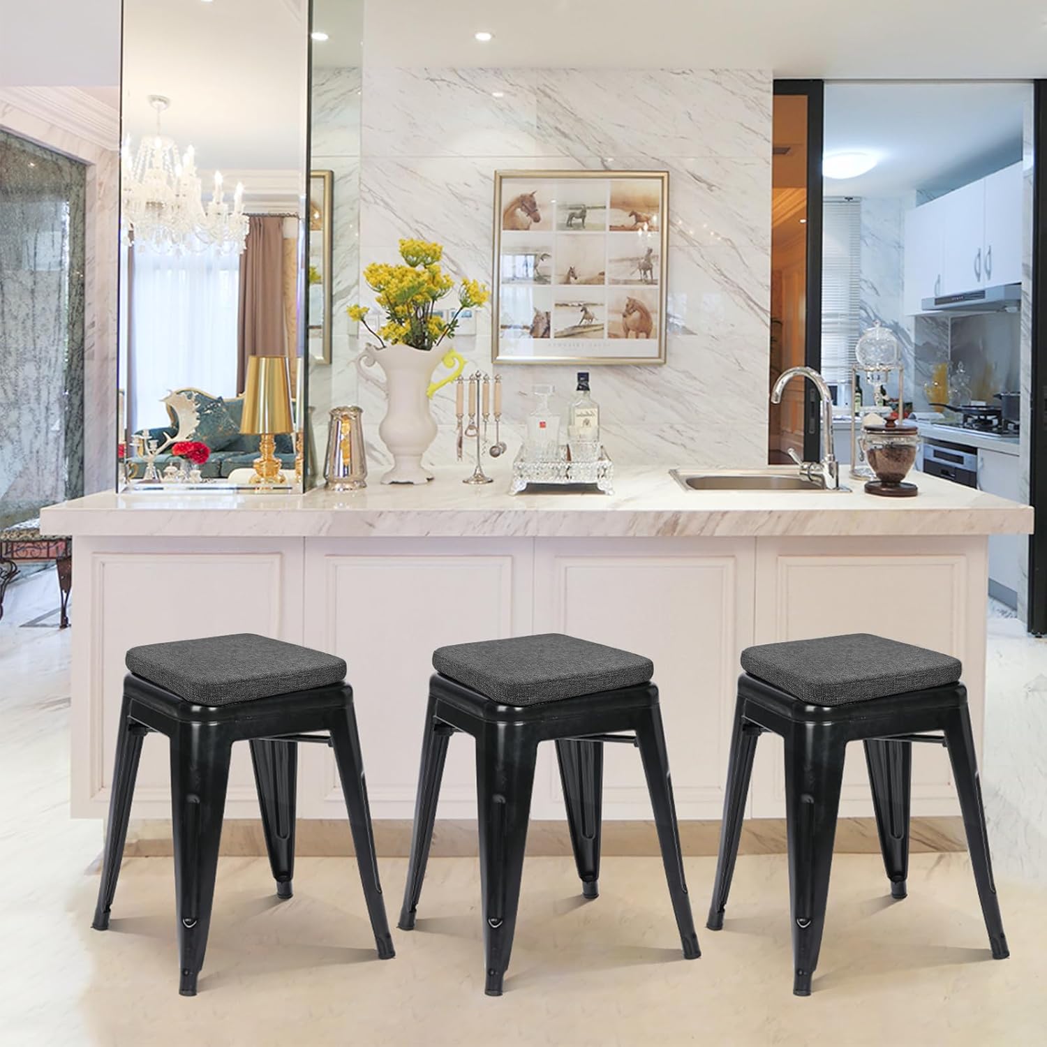 BUYUE Friendly Woven Fabric Magnetic Bar Stool Cushions Set of 4, Enhanced Anti-Slip Breathable Small Chair Seat Pads for Café Bistro Stackable Metal Stools (Square, Dark Gray, 4 Counts)