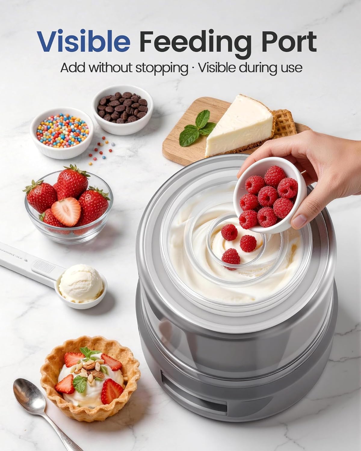 Countertop Ice Cream Maker Machine (2.1 Qt), Commercial Sorbet and Frozen Yogurt, Powerful Bottom Mix Motor with Digital Timer & Fast Cooling Aluminum Pot, Visible Feeding Port (Ash Gray)