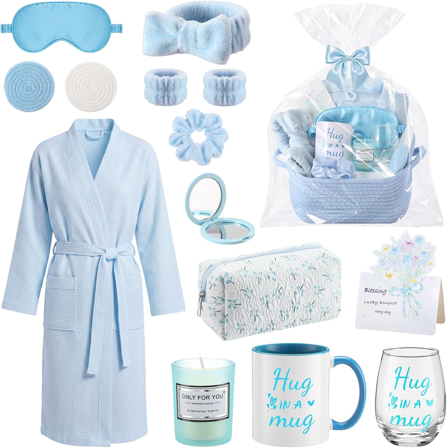 13 Pcs Birthday and Get Well Soon Gifts for Women Self Care Gifts Basket Spa Care Package with Robe Scented Candle for Her Mom Nurse Mother's Day(Light Blue)