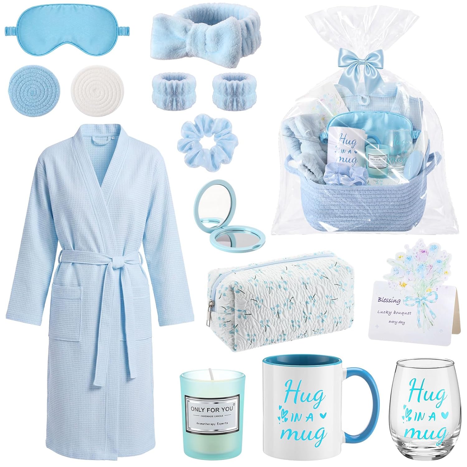 Afarnook 13 Pcs Birthday and Get Well Soon Self Care Gifts Basket Spa Care Package with Robe Scented Candle for Her Mom Nurse Mother's Day(Light Blue)
