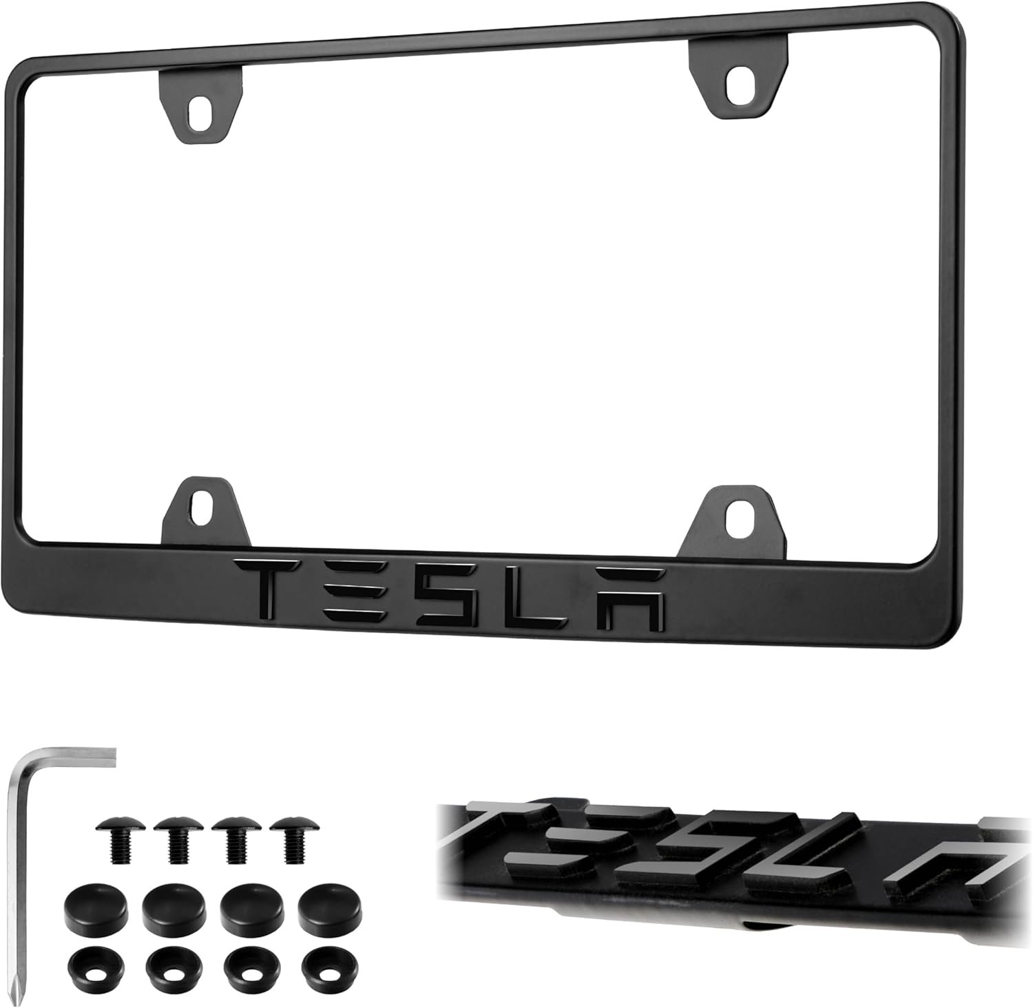 Tesla License Plate Frame – Stealth Black Powder Coat UV Resistant Rust-Proof Steel - One Piece - Compatible with 2012-2025 Tesla Model S, 3, X, Y, CyberTruck (3D RAISED LETTERS w/ MOUNTING HARDWARE)