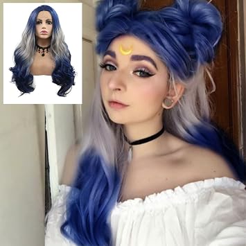 Sapphire Blue Wigs for Women Long Wavy Lace Front Wig Navy Blue Ombre Grey Realistic Natural Hairline Pre Plucked Synthetic Heat Friendly Hair Replacement Wig Cosplay Holiday 24