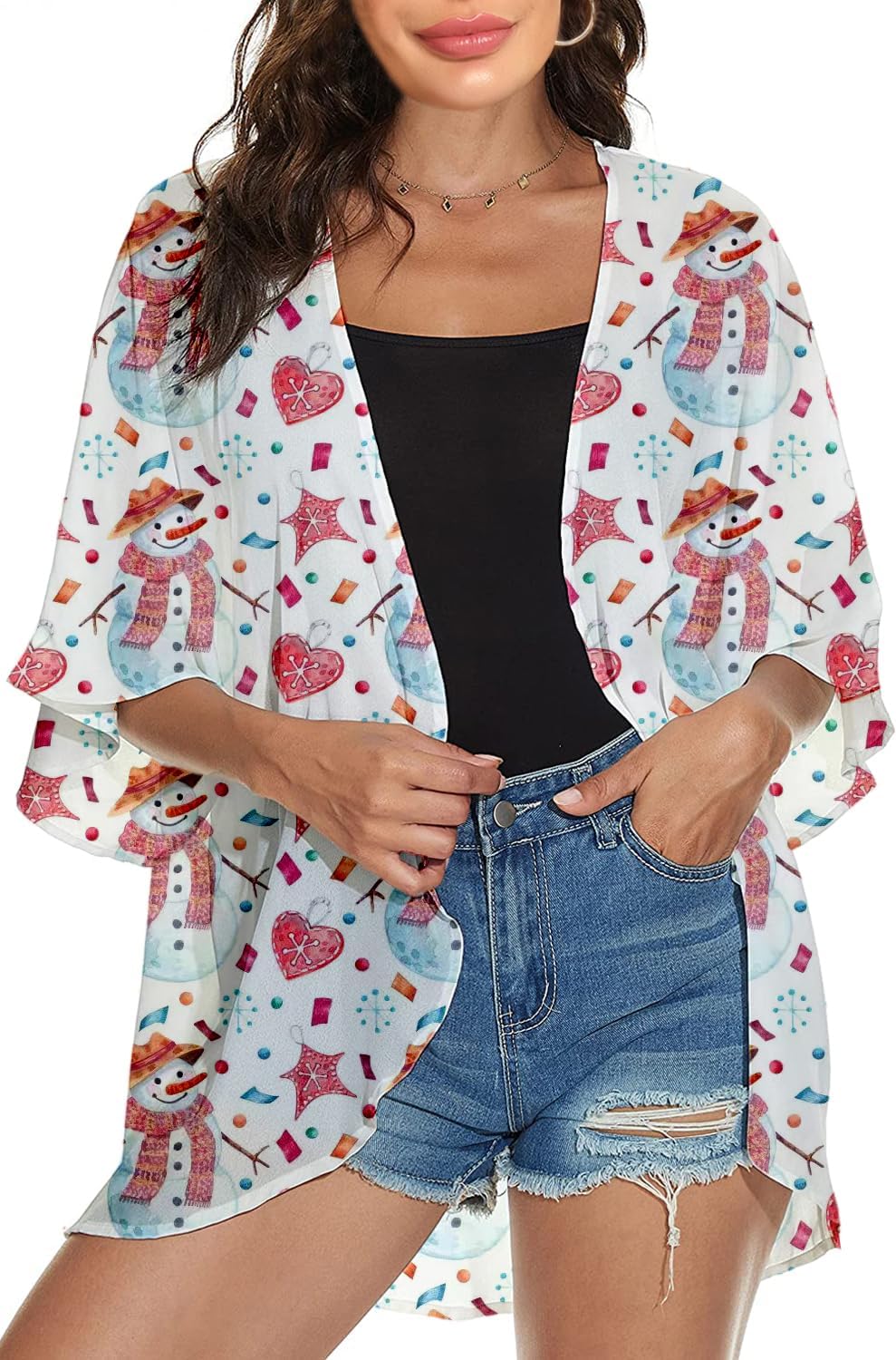 Women Merry Christmas Costume Xmas Tree Kimono Santa Hat Cardigan Snowman Snowflakes Cover Up Ugly Reindeer Blouse Tops
