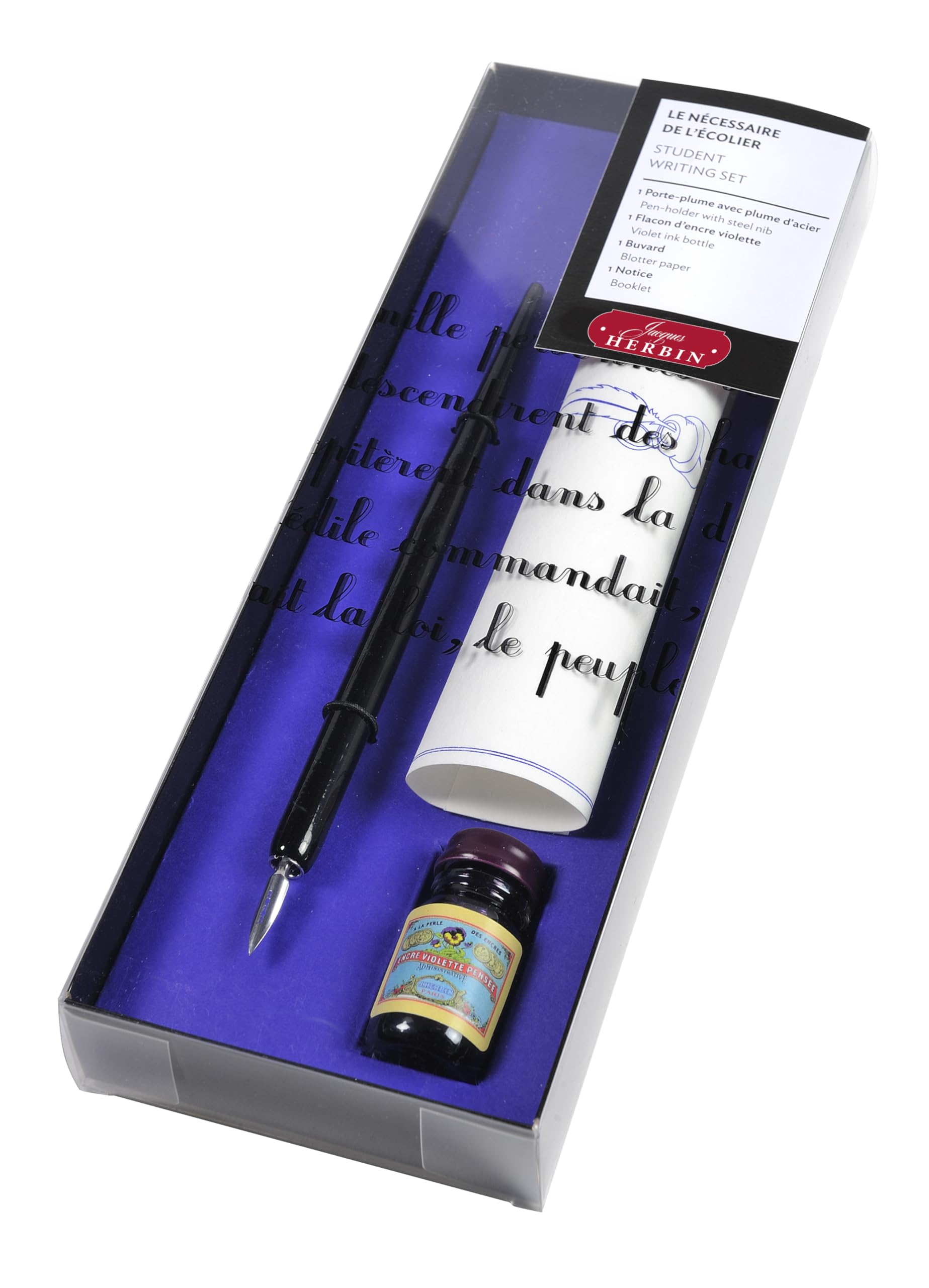 Jacques Herbin 28477T - A Set of ''Nécessaire de l'écolier'' - a Penholder, a l'Ecolière Nib, a blotter, a Bottle of Violet Pansy Ink - Instruction Leaflet
