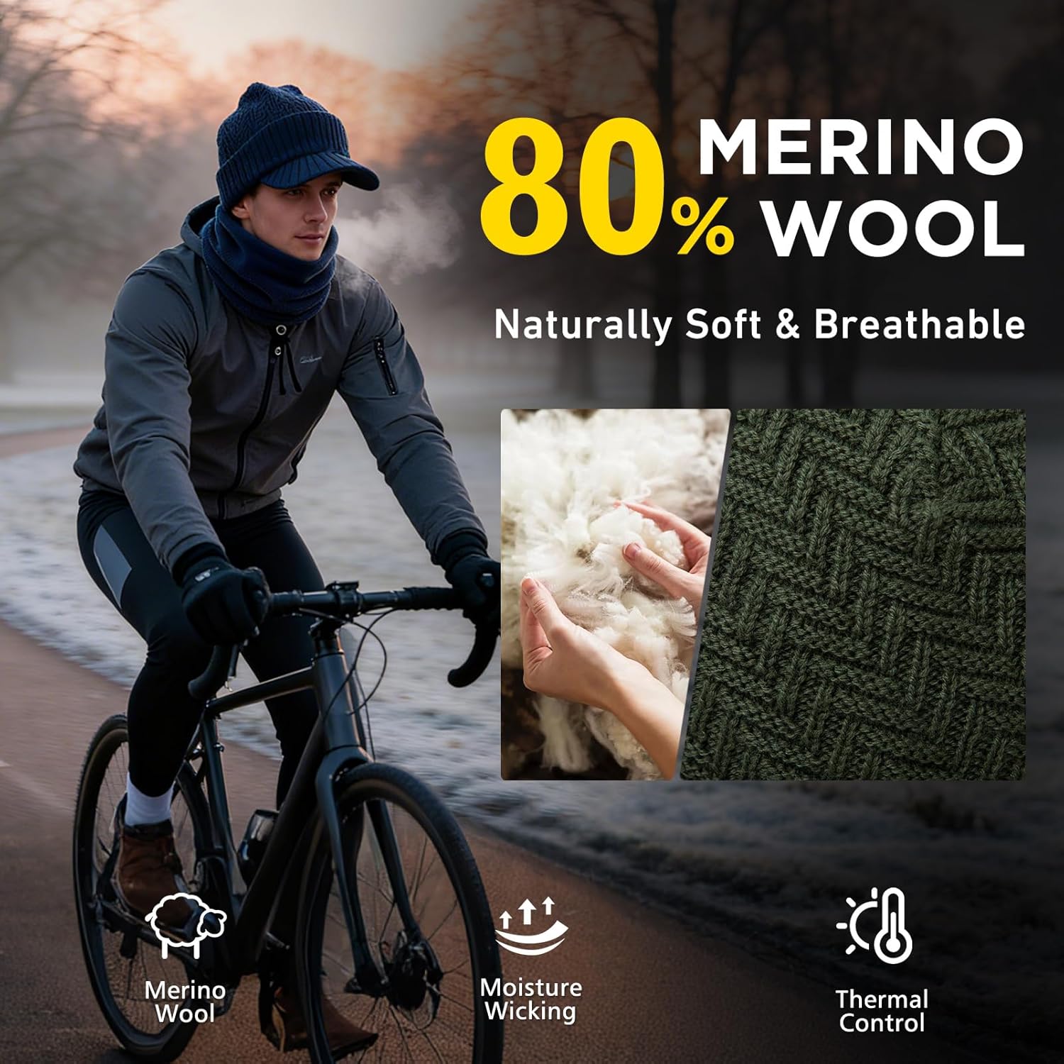 Comhats PolarWool™ Winter Wool Knitted Hat & Scarf Set for Men Visor Beanie Ear Flap Fleece Lined Cold Weather