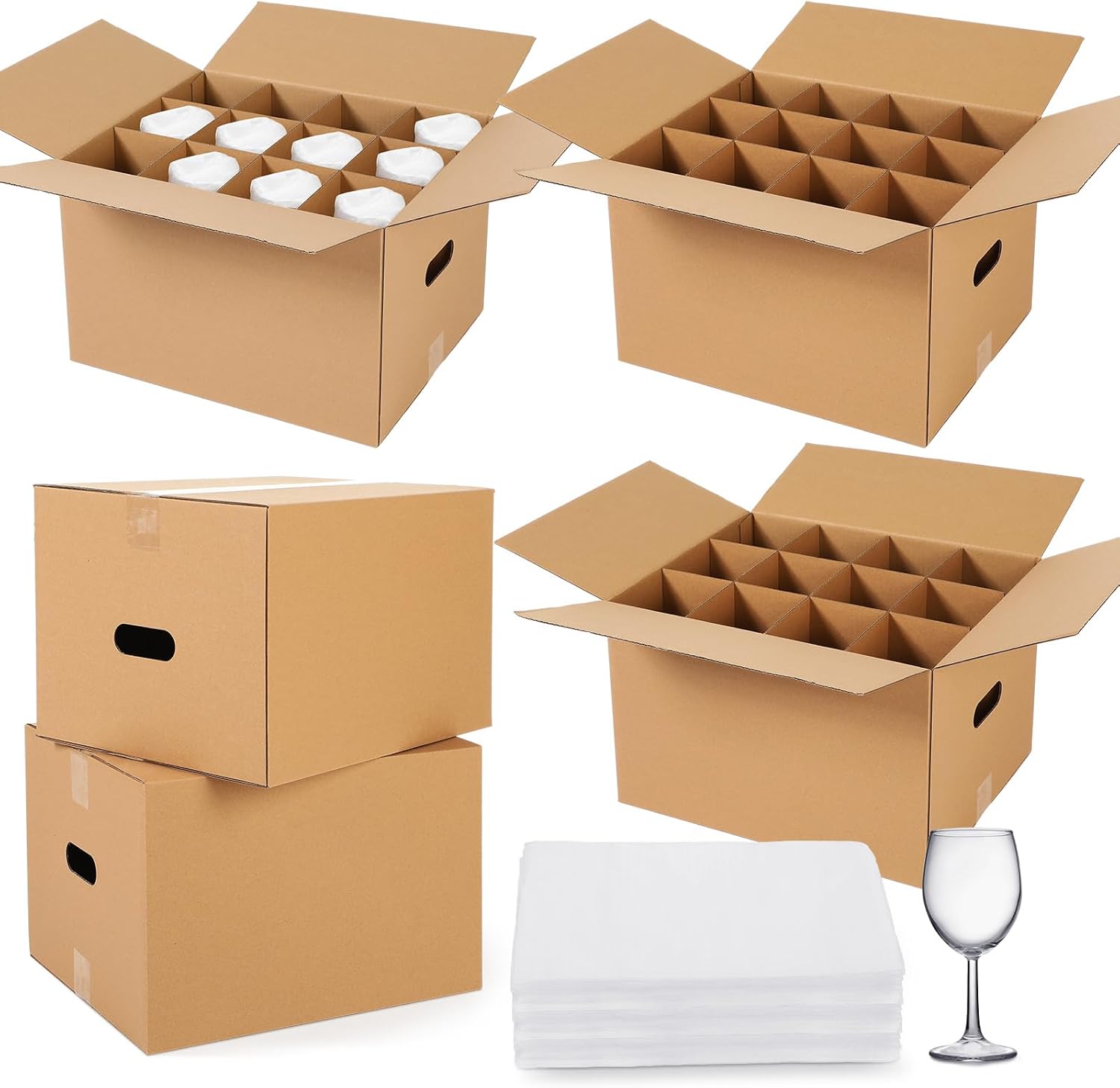 AmazingSpark 5 Sets Glass Packing Kit for Glasses and Stemware Includes Kitchen Moving Boxes Cell Divider Unit Foam Pouches Glass Packing Boxes for Moving Glasses Wine Dish(15 x 12 x 10 Inch)