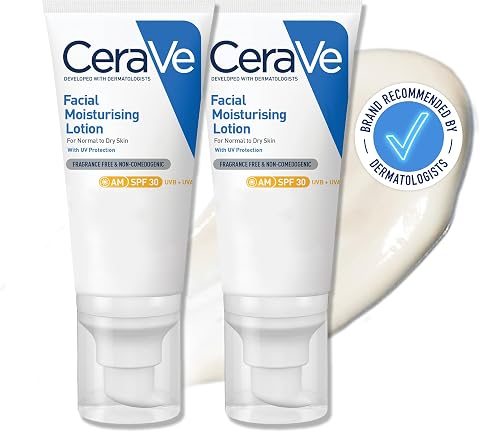 CeraVe AM Moisturising Lotion SPF30 Duo, UVA UVB Protection, 2×52ml | Lightweight & non-greasy Facial moisturiser with SPF30, 3 Essential Ceramides, Vitamin E, Niacinamide, & MVE technology