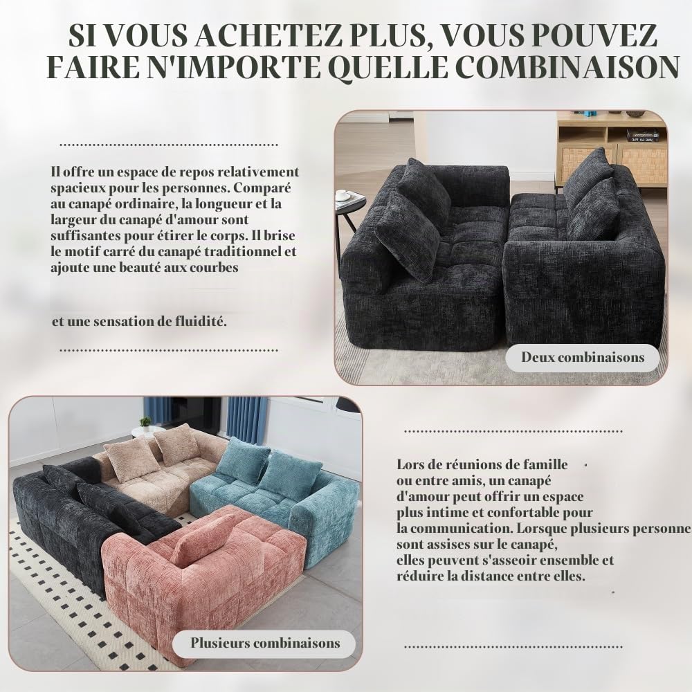 Sapgaks Canapé convertible de 1 à 3 places, canapé modulaire, canapé d'angle modulaire, avec poches latérales, en chenille, avec méridienne et accoudoirs, coussin d'assise inclus (noir + chenille + 2