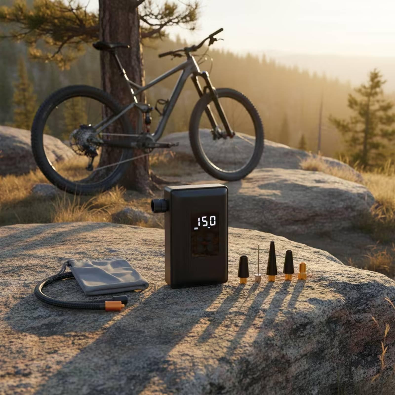 Bomba de Aire para Bicicleta Inflador Eléctrico Portátil Compresor Inalámbrico con Batería Recargable Pantalla Digital y Boquillas para Balón