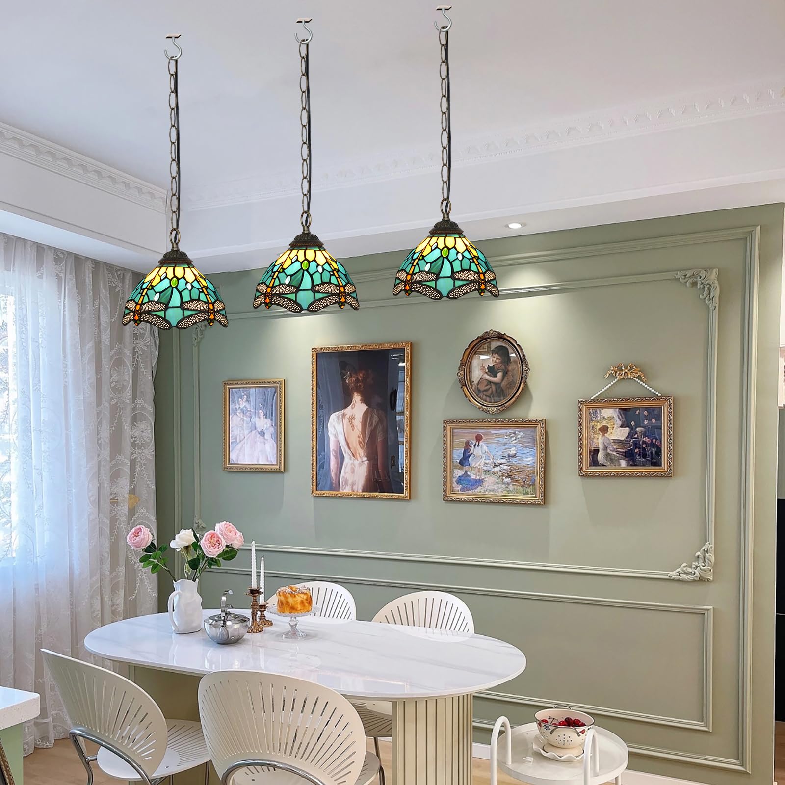 Lámpara Colgante Tiffany con Pantalla de 8 Pulgadas Estilo Libélula Verde Lámpara Colgante Artesanal de Vidriera Ajustable en Altura para Cocina Isla Comedor Pasillo