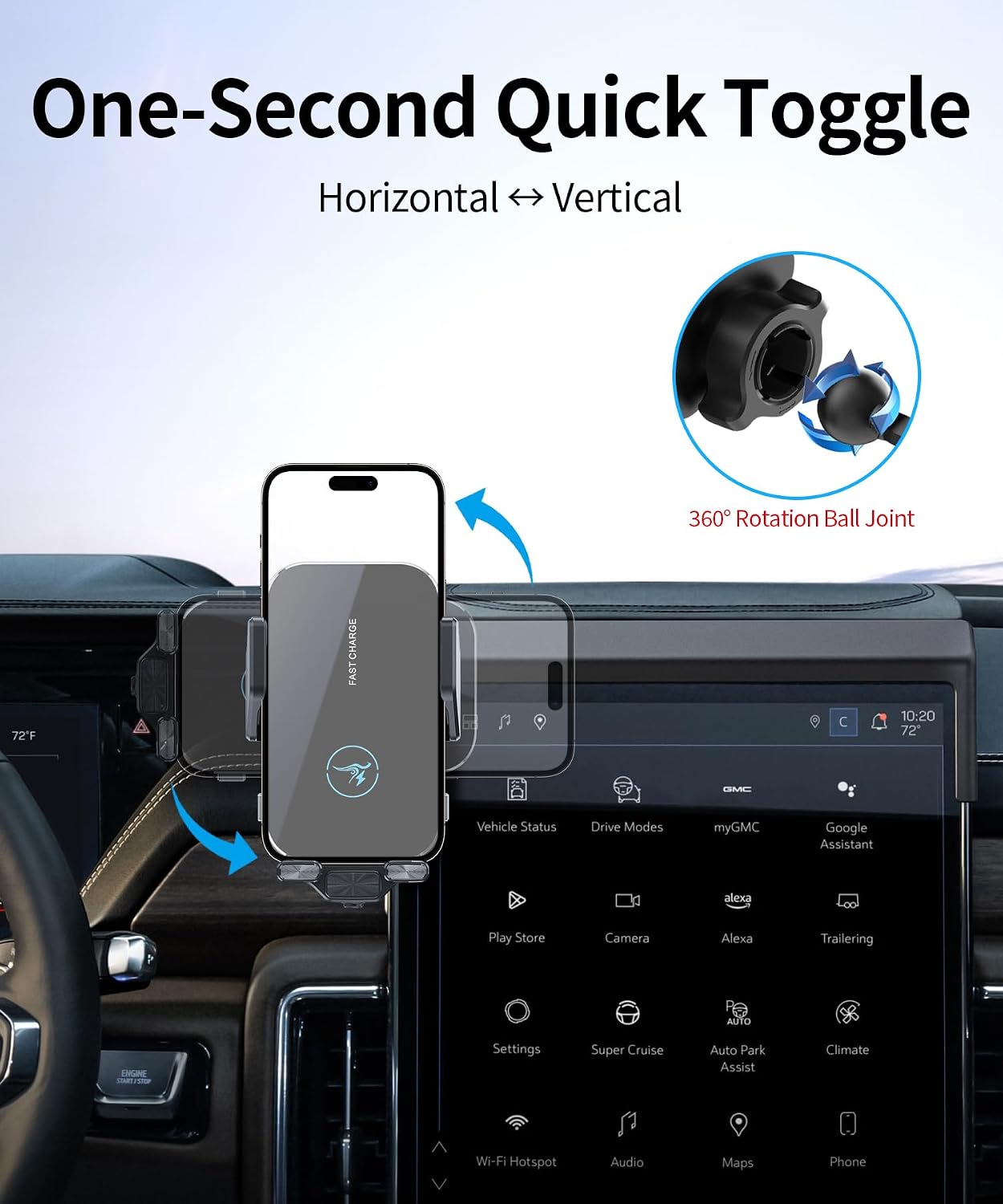 15W Wireless Fast Charger for 2025 2026 GMC Yukon/Yukon XL Accessories 16.8 inch Screen Fixed Clip, Interior Decoration Mobile Phone Mount, 360° Rotation, Vehicle-Specific Custom Mount