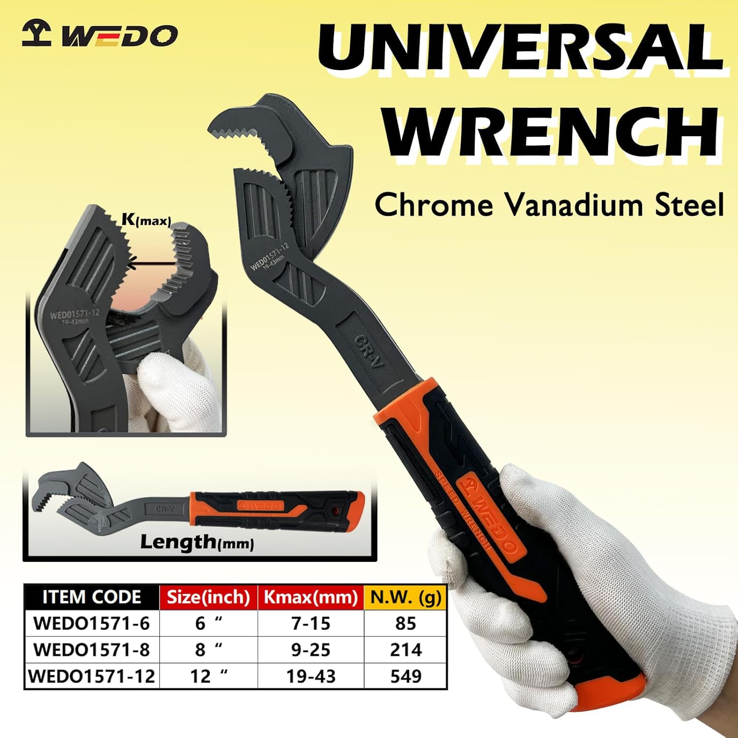 WEDO 3-Piece Multi-function Wrench Set,Size 6"+ 8"+ 12",Universal Adjustable Wrench,CR-V Steel,Anti slip rubber handle,Spring Loaded wrench,Crowfoot Spanner,Self-adjusting Pipe Wrench