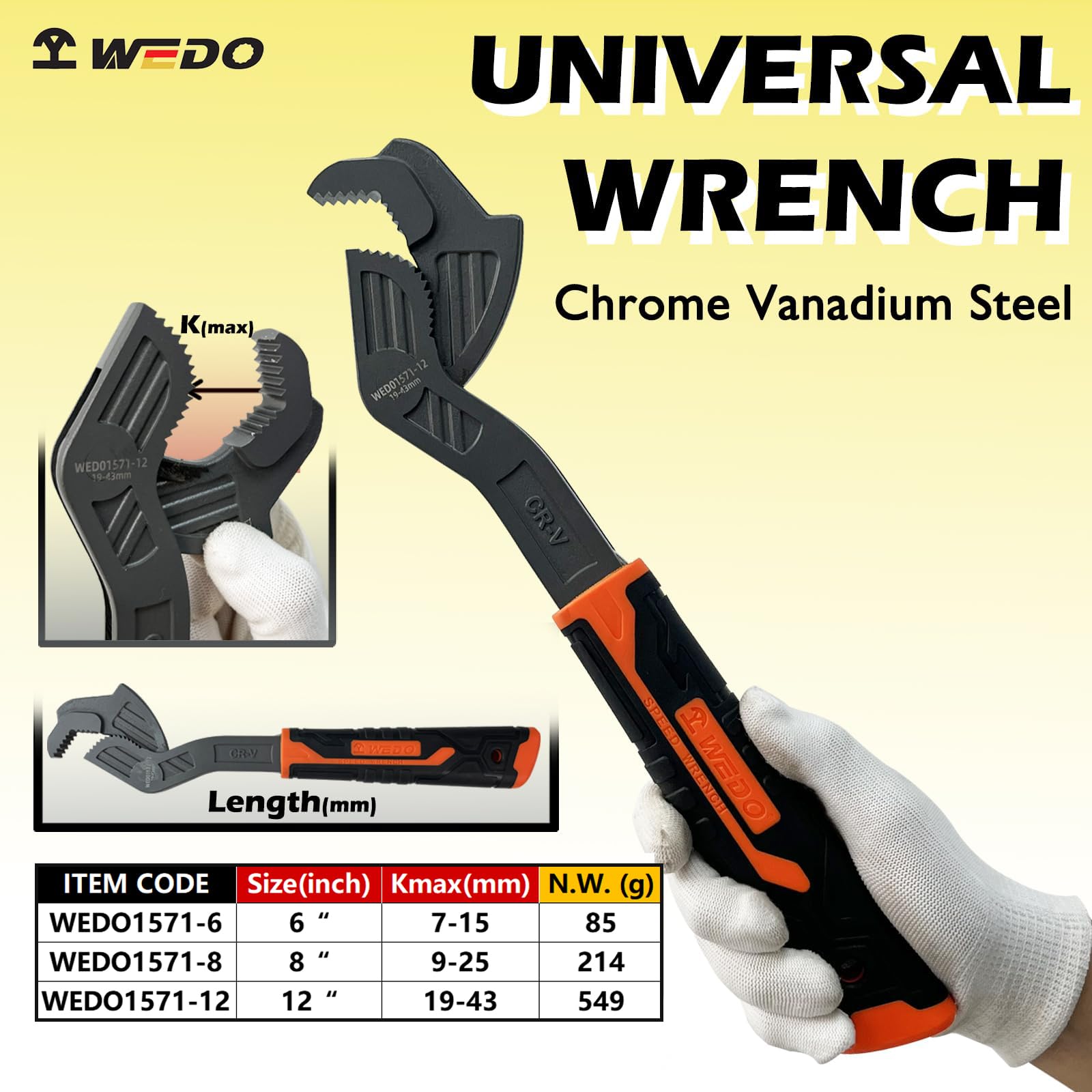 WEDO 3-częściowy zestaw kluczy wielofunkcyjnych, rozmiar 15 cm + 20 cm + 30 cm, uniwersalny klucz nastawny, stal CR-V, antypoślizgowy gumowy uchwyt, klucz sprężynowy, klucz łomowy, samoregulujący