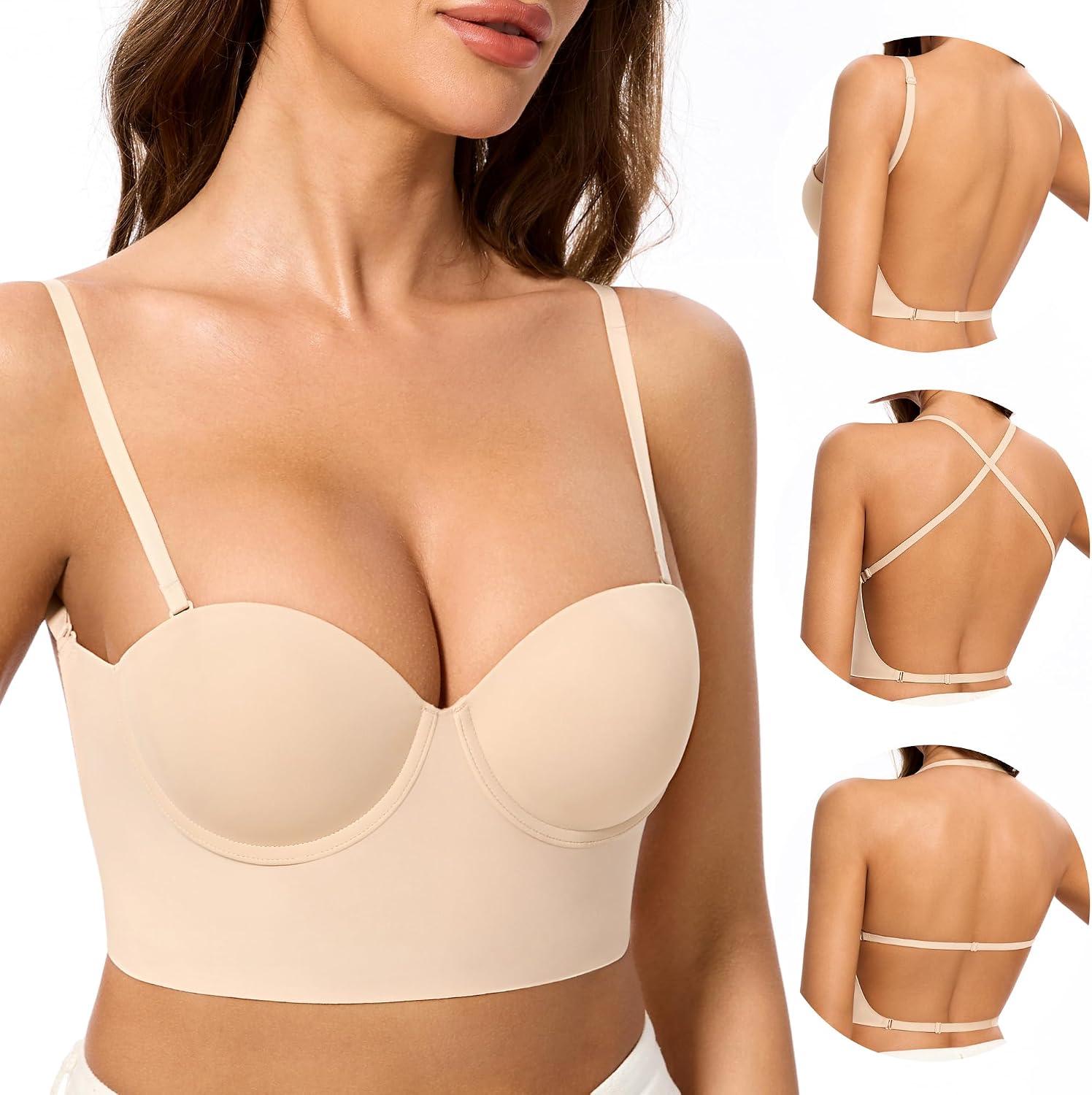 Low Back Bras for Women-Balconette Lightly Lined Seamless Invisible Backless Bra-Underwire Low Cut Multiway Halter Bras