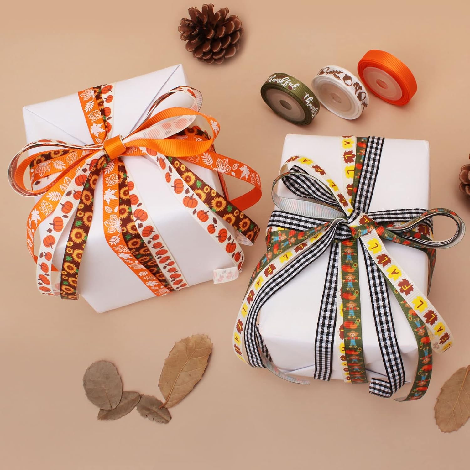 RINOLY Fall Ribbons for Crafts Wrapping,3/8 Inch 300 Fts Pumpkin Ribbon