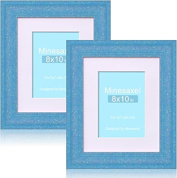 8x10 Glitter Picture Frame with Mat for 5x7, HD Real Glass Pastel Sparkle Photo Frames, Colorful Cute Fun or Unique 8 by 10 Artwork Frame for Tabletop or Wall Display Blue 2 Pack