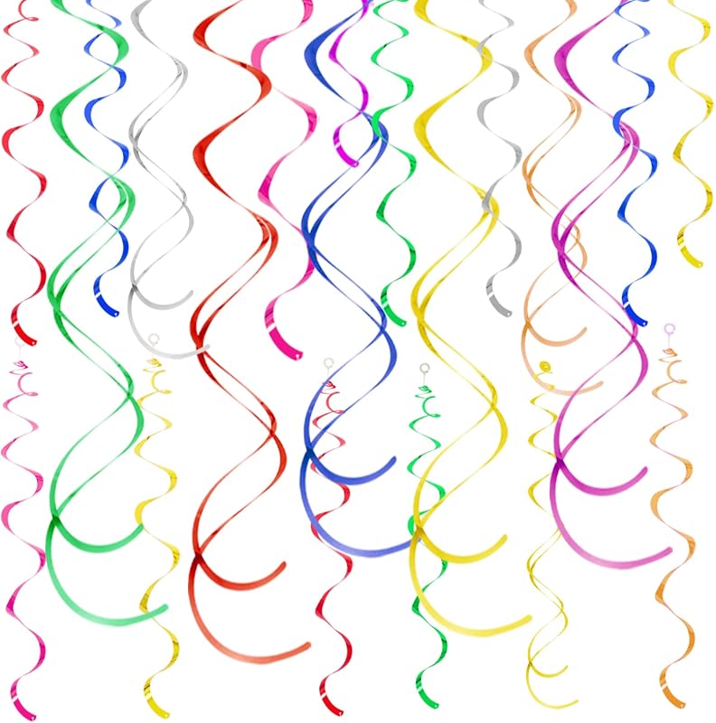 Colorful Ceiling Swirl Foil Decorations Hanging Plastic Streamer Themed Swirl Party Decoration for Wedding Thanksgiving Day Graduation Celebration, Pack of 28