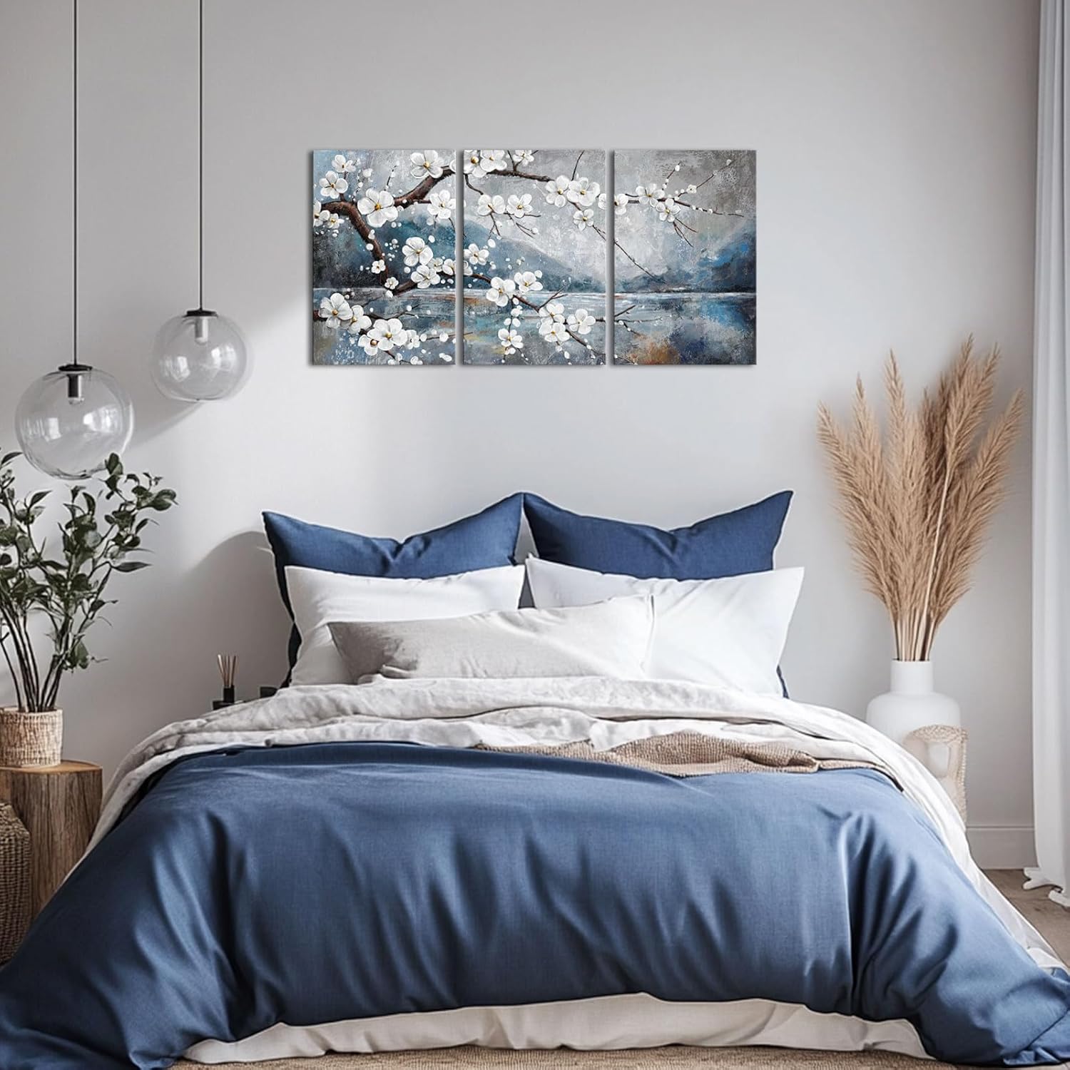 Biuteawal Plum Blossom Wall Art Botanical Floral Canvas Pictures White Blue Painting Nature Flower Artwork for Living Room Entryway Bedroom Decor Framed