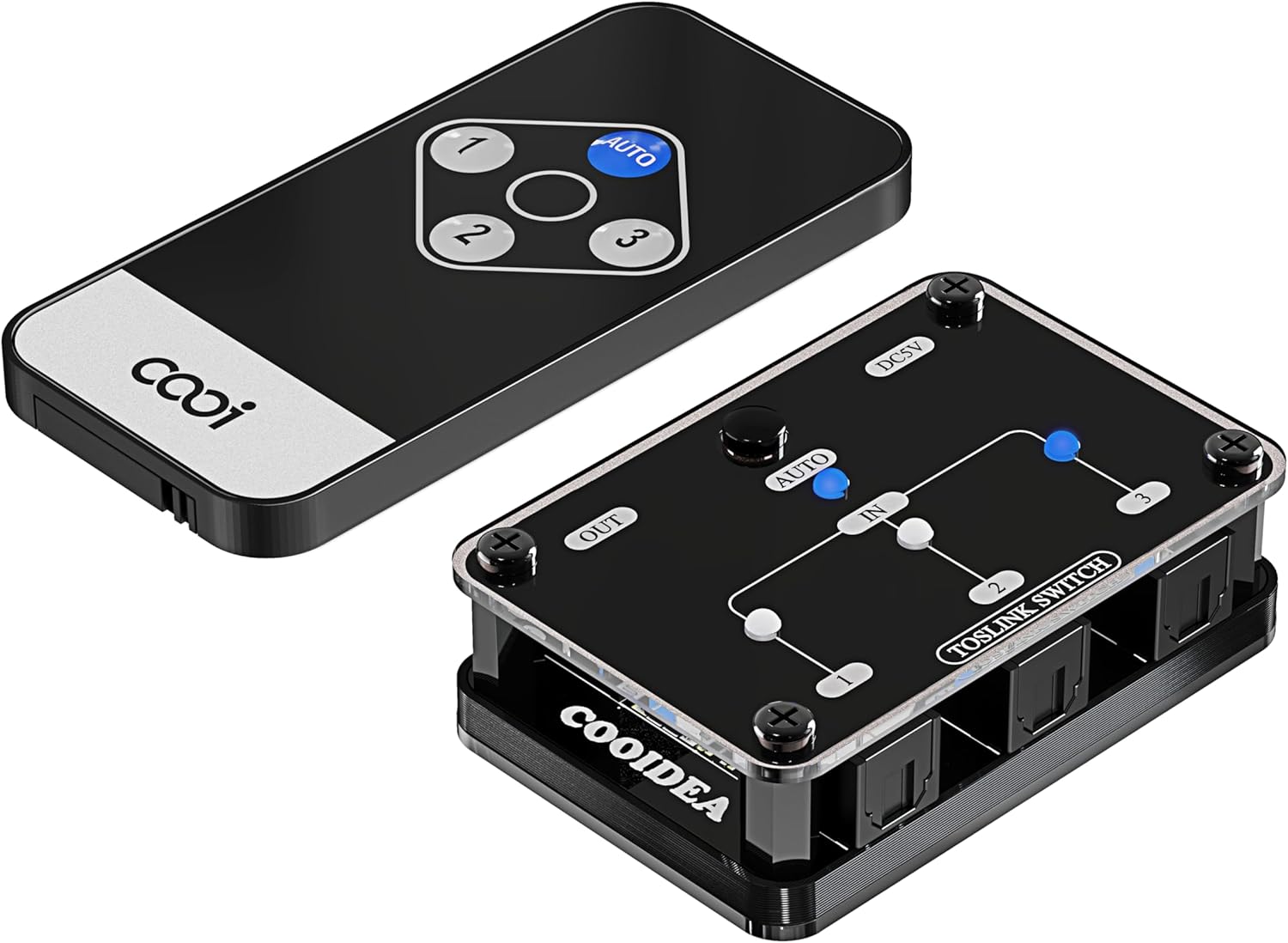 Top-down view of the cooidea Toslink Automatic Digital Optical Switcher and its remote control.