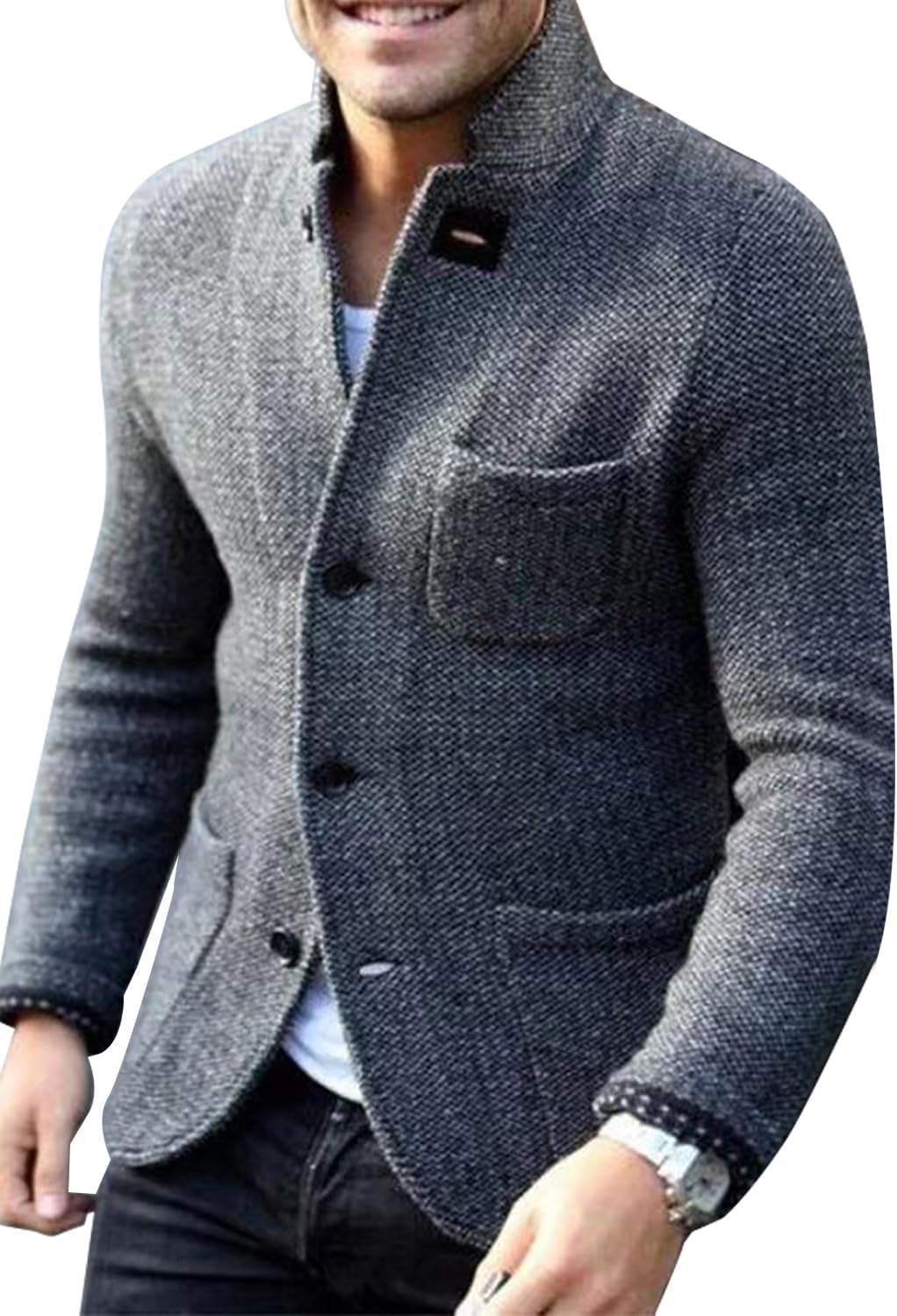 utcoco Mens Button Down Cardigan Sweaters Stand Collar Long Sleeve Sweater Jacket with Pockets