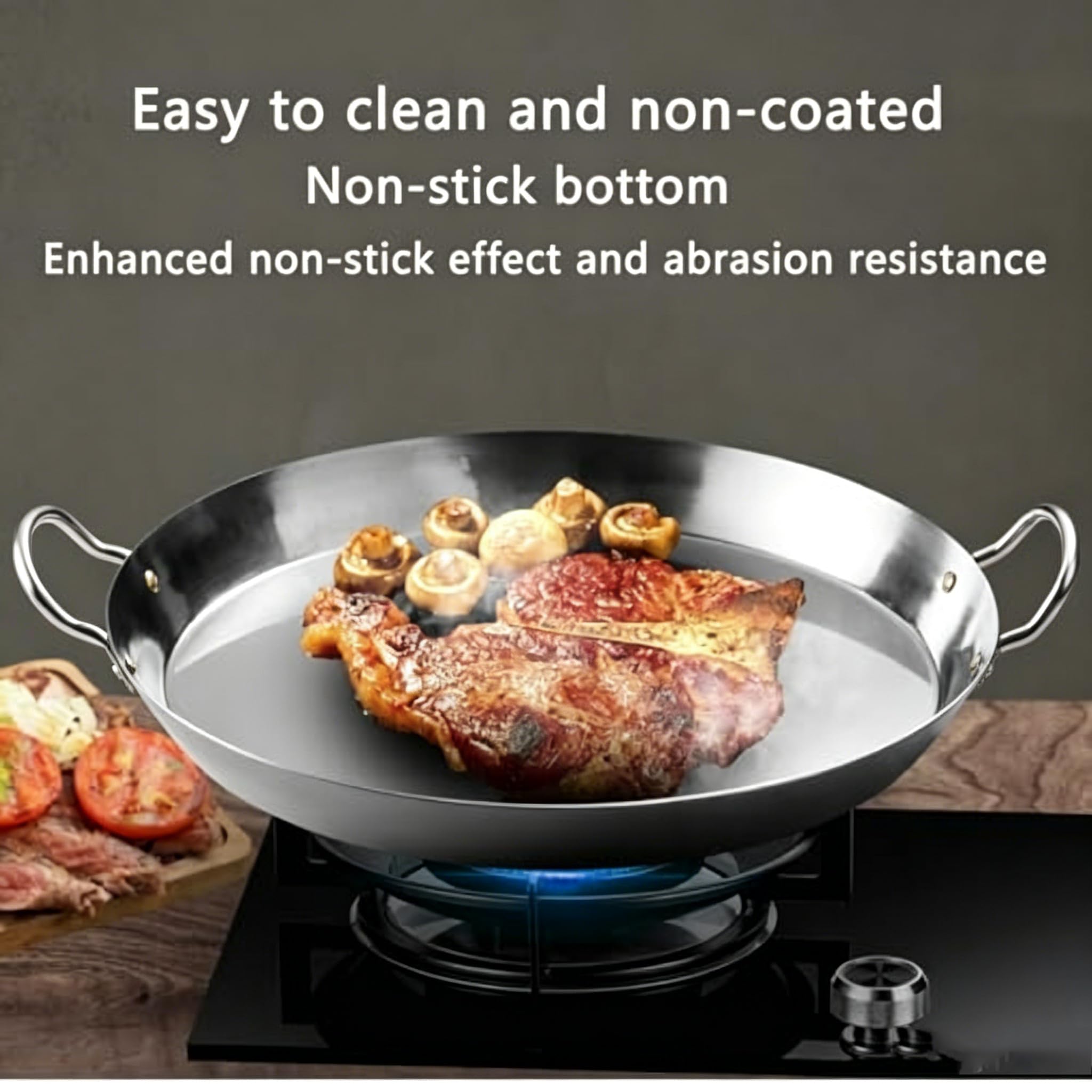 Paellera de acero inoxidable, sartén grande para tortillas con asas remachadas, sartén antiadherente sin revestimiento, utensilios de cocina ideales para uso doméstico y restaurante