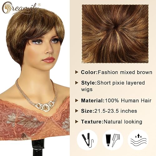 Miniatura 4 de Creamily Peluca corta de cabello humano castaño con corte Pixie para mujeres con flequillo mezclado rubio con reflejos rubios, peluca corta para