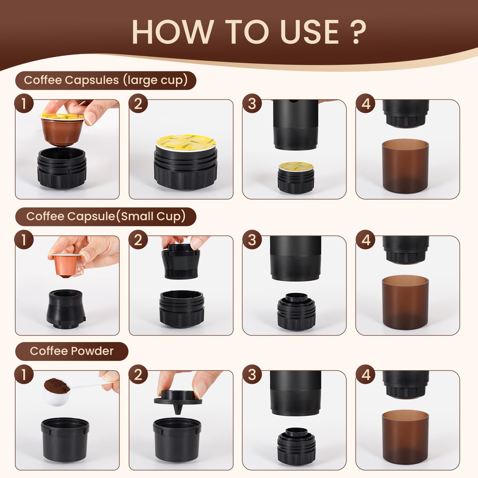 LAMA Machine à café portable, machine à expresso électrique avec Support, mini machine à capsules, compatible avec les capsules et le café moulu, chauffe instantanée, pour camping voyages, Noir