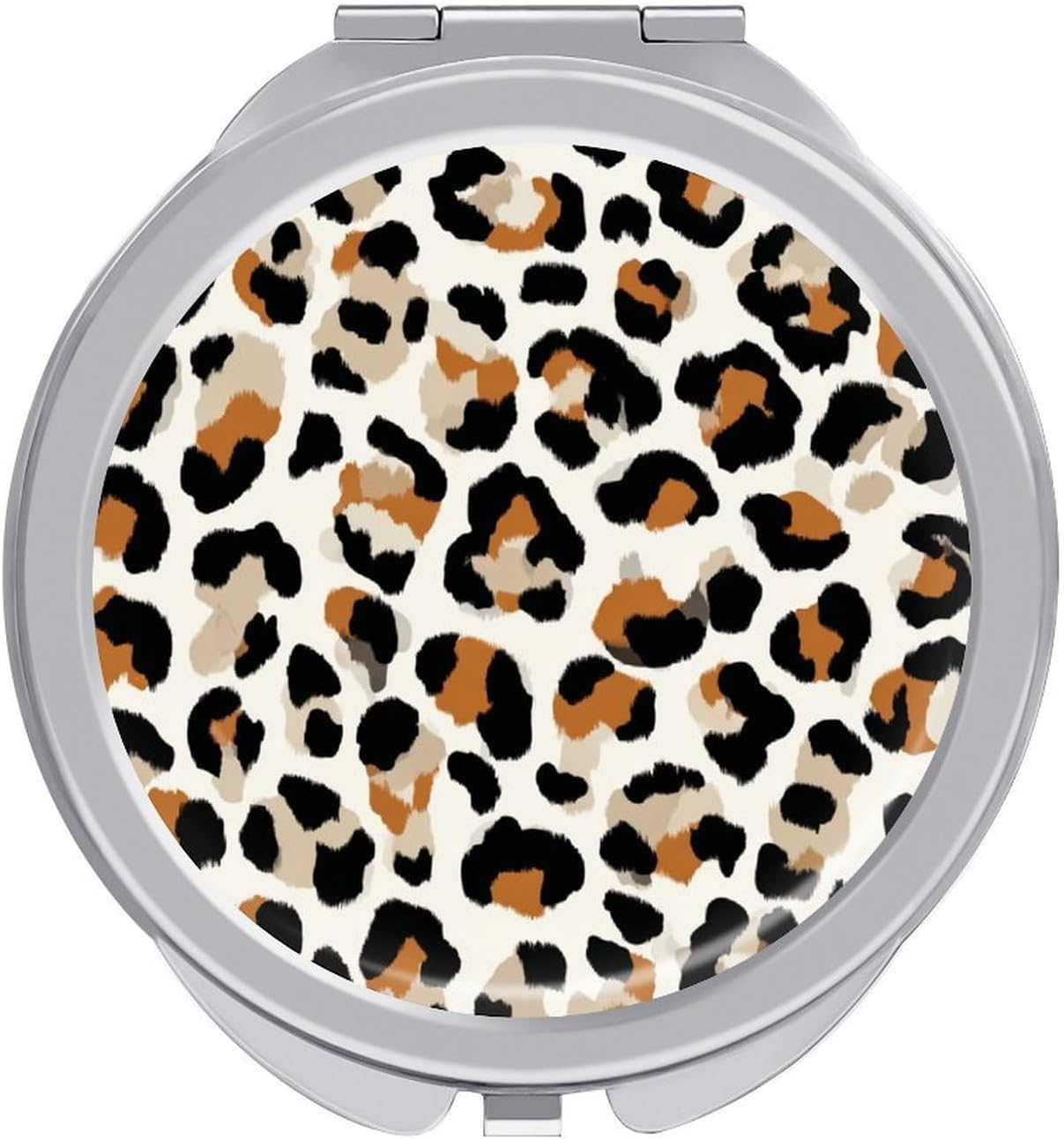 Snow Leopard Print Tan White Black Spots Compact Handheld Round Foldable Portable Travel Makeup Mini Mirror for Women Girls Purse Pocket