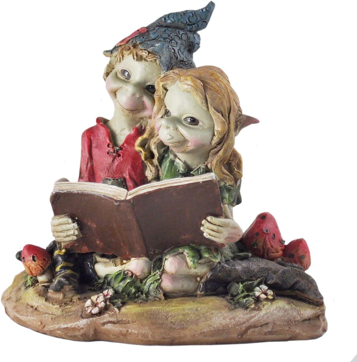 Pixie Couple Reading, Sculpture Magical Mystery High Quality Garden Decor Figurines Elf & Fairy Children, Height 10cm