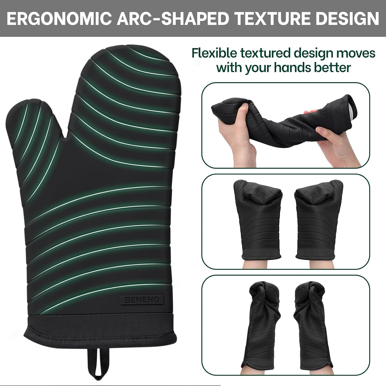 Beneno BPA-Free Silicone Oven Mitt 2-Pack Set, 7"x13", Black