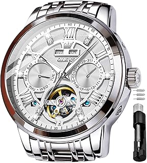 Herren Automatikuhr Diamanten Tourbillon Skelett Luxus Edelstahl-Armbanduhr mit Kalender, 30M wasserdicht Leuchtzeigern Mechanische Selbstaufzugsuhr für Business/Abendmode im Geschenkbox