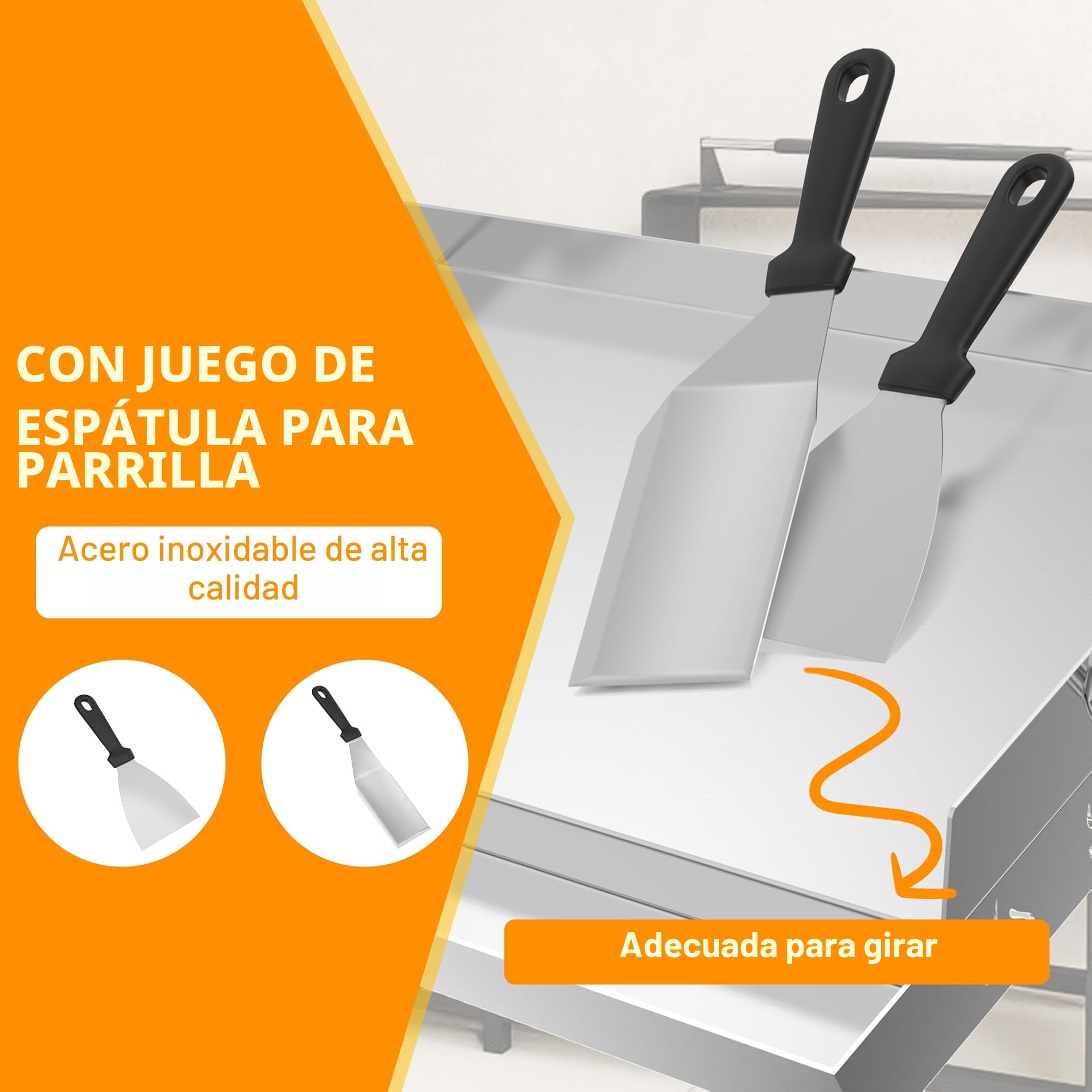 Froadp Placa de acero inoxidable para barbacoa | Plancha universal para barbacoa de 54 x 41 x 7 cm con canaleta para aceite | gas y carbón | Accesorios para barbacoa, incluyendo espátula y asas