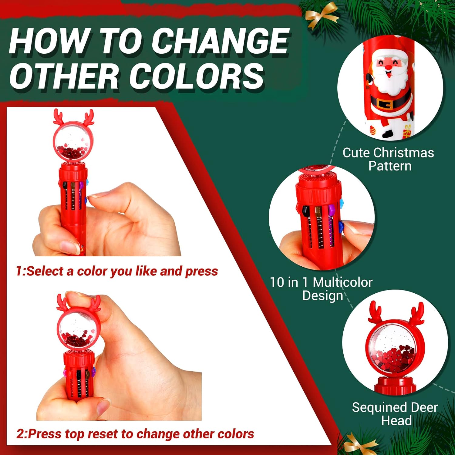 Crtiin 64 Pcs Christmas Ballpoint Pens 10 in 1 Multicolor Retractable Ballpoint Series Xmas Tree Santa Pens for Christmas Party Gift School Office Supplies