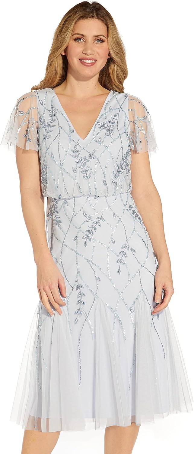 Adrianna Papell Women's Short Sleeve Beaded Midi Dress