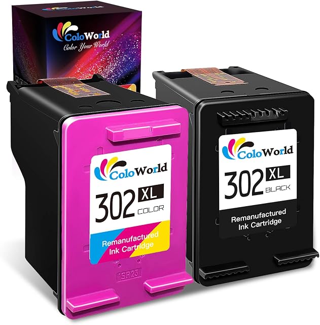 ColoWorld 302 Ink Cartridges Combo Pack, Remanufactured for HP 302 Ink Cartridges Compatible With HP Officejet 3830 3835 3831 4650 Deskjet 2130 2132 3630 Envy 4520 4527 4524 Printer(1 Black,1 Colour)