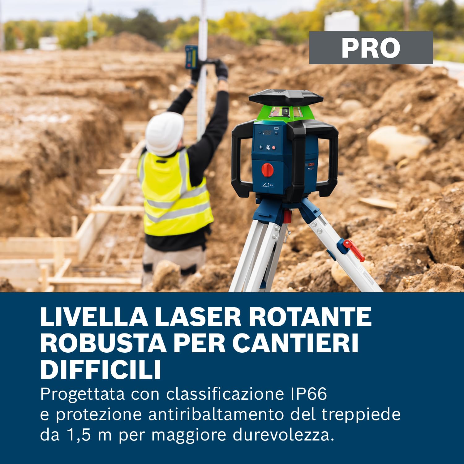 Bosch PRO 18V System Livella Laser Rotante GRL18V‑4‑34CVG (laser verde, regolazione pendenza ±15%, IP66, doppia alimentazione, incl. ricevitore LR45, ProCore 4.0Ah, caricatore e L‑BOXX 374)