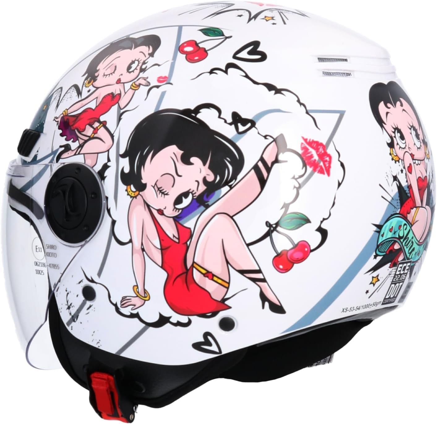 Casco Jet Shiro SH-62 La Betty II – Diseño Exclusivo Betty Boop, Negro Brillante, Visera Abatible, Homologado ECE, Estilo Retro y Urbano para Moto y Scooter Blanco Brillo (M 57/58)