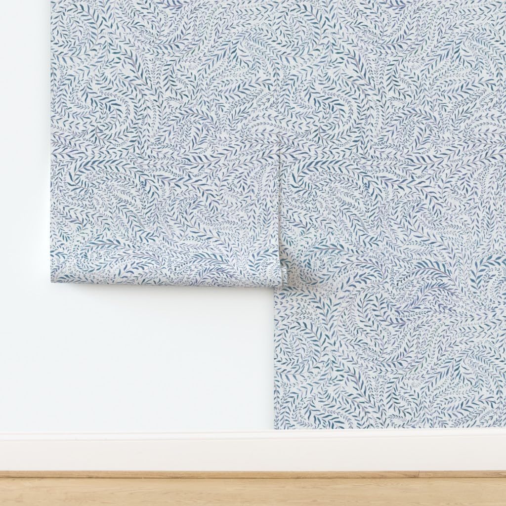 Peel & Stick Wallpaper Swatch - Botanical Leaf,Countryside,Shabby Chic,Blue White,Greenery,Simple Custom Removable Wallpaper by Spoonflower