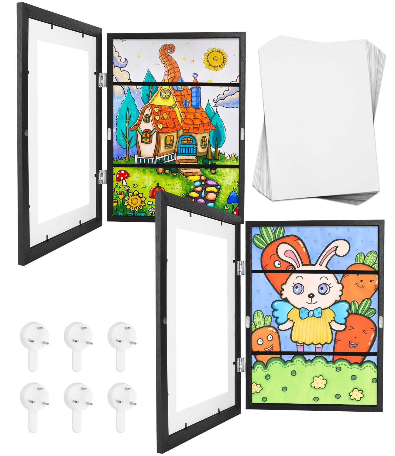LEAZZLE Cornici artistiche per Bambini da 2 Pezzi,Cornici per Disegni per Bambini A4 Cornice d'Arte per Bambini con Apertura Frontale,punti metallici antitraccia (nero)