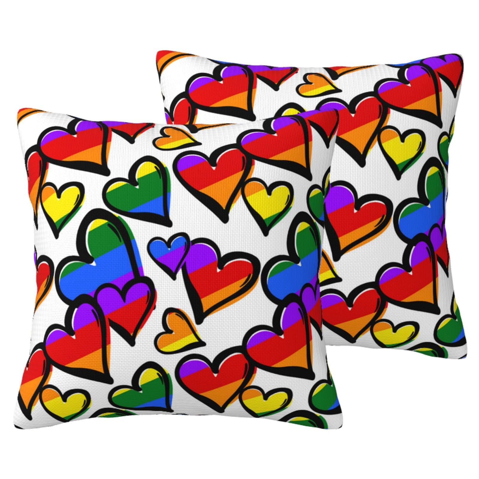 Taie d'oreiller Gay Pride arc-en-ciel : lot de 2 housses en fausse toile de lin avec cœurs déco