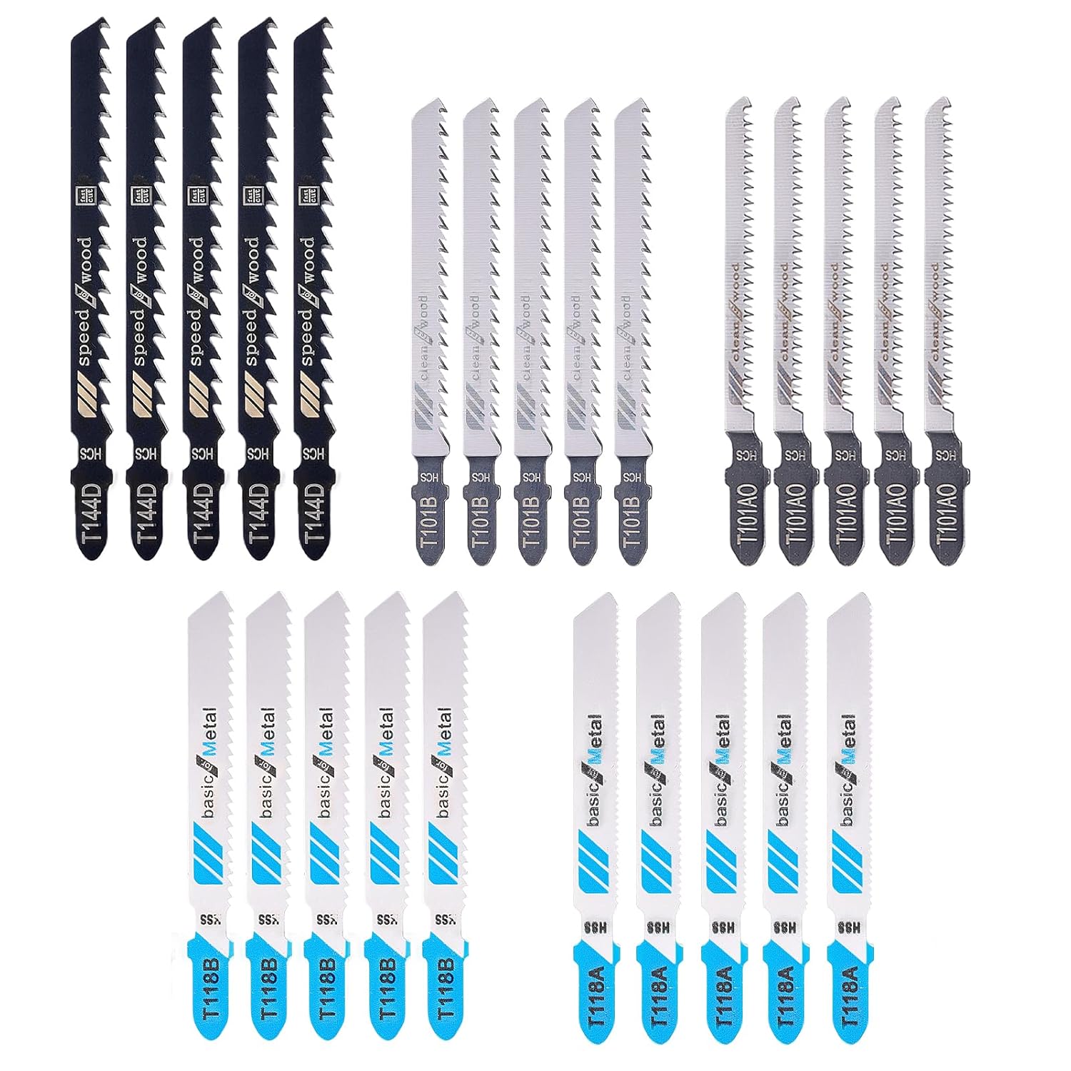25 Pcs Multi-Purpose HCS Jigsaw Blades Set, Jigsaw Blades, Assortment of Professional T-Handle Jig Saw Blade Kits for Metal Cutting Wood Pruning（T118A、T118B、T101AO、T101B、T144D）