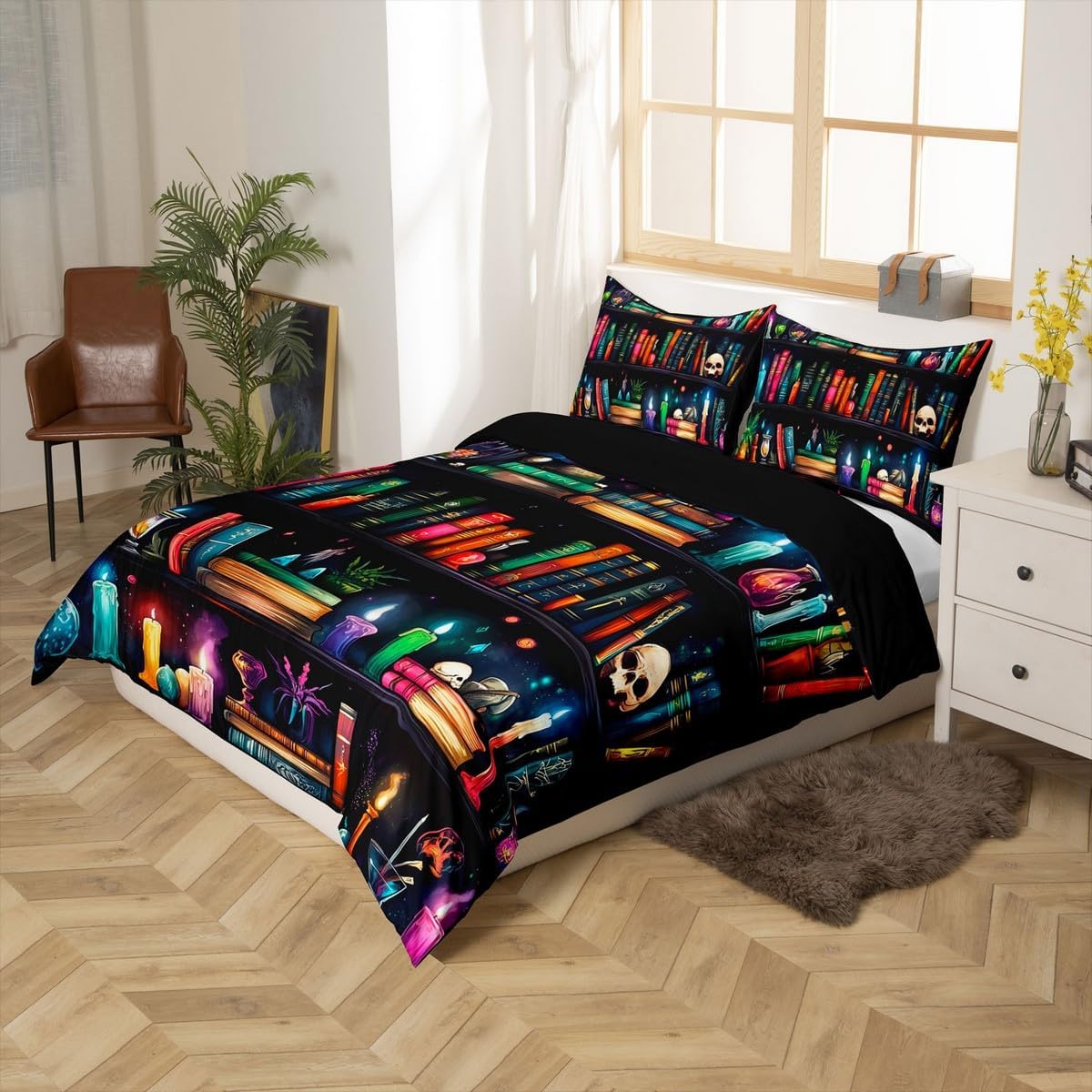 jejeloiu Library Book Bedding Set 2Pcs Twin Size Kids Gothic Comforter Cover for Boys Girls Vintage Duvet Cover Soft Lightweight,Microfiber,No Stuffing