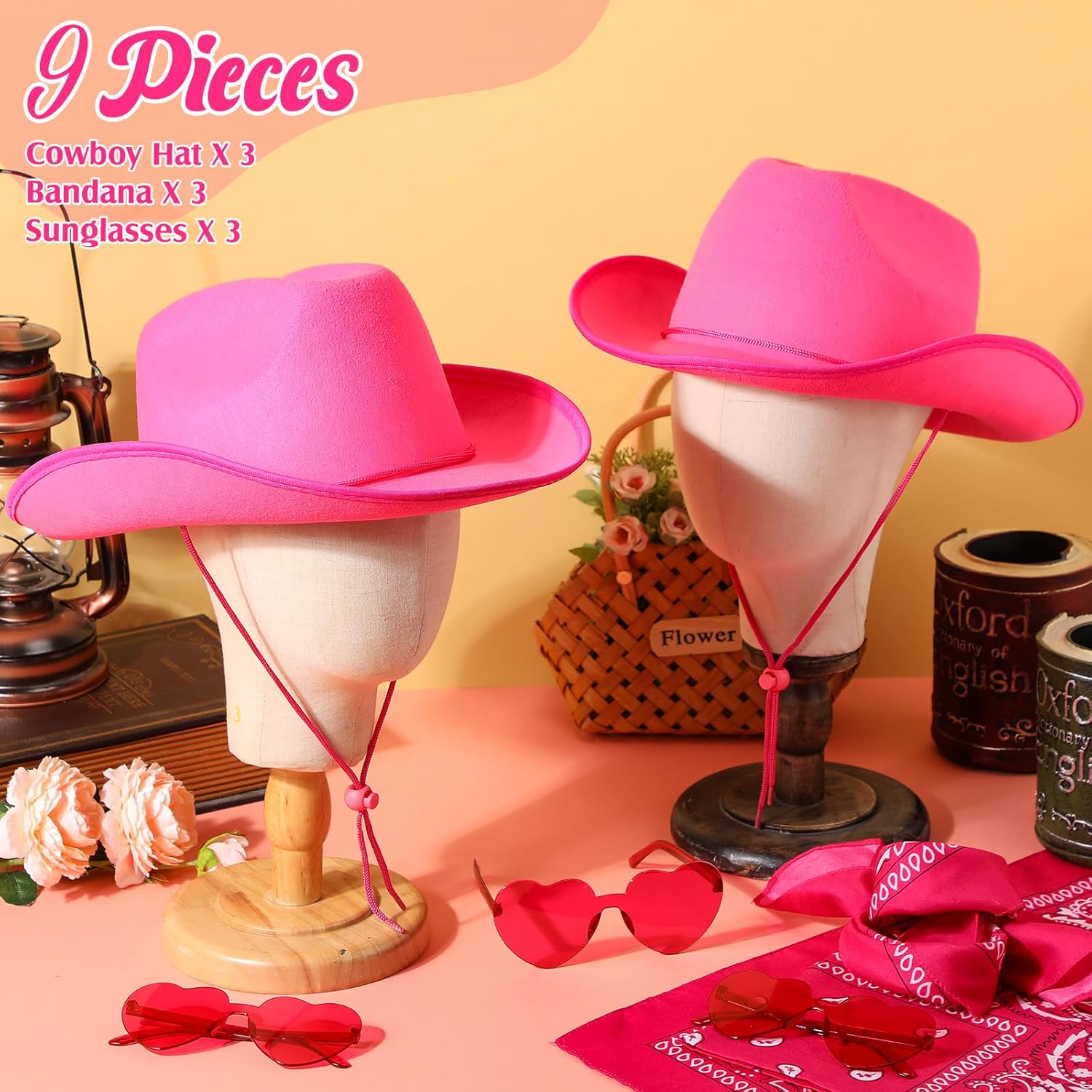 Geyoga 9 Pcs Adult Cowboy Hat with Paisley Bandanas and Heart Shape Sunglasses for Western Cowgirl Party Costume - Image 2