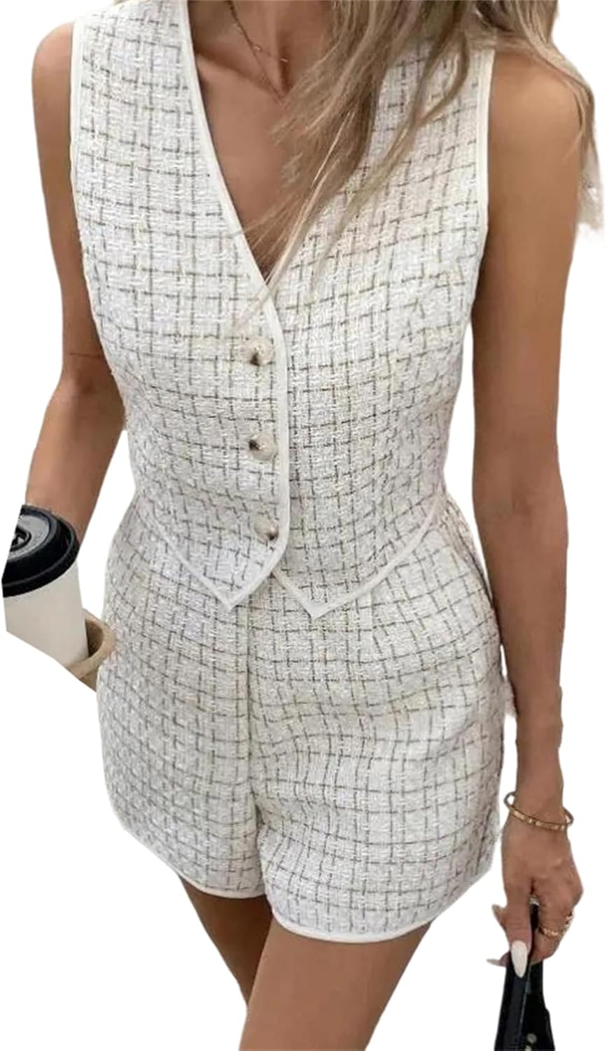 Hcclijo Plaid Office Two Piece Outfit, Elegant V Neck Button Sleeveless Top And Shorts Casual Wear